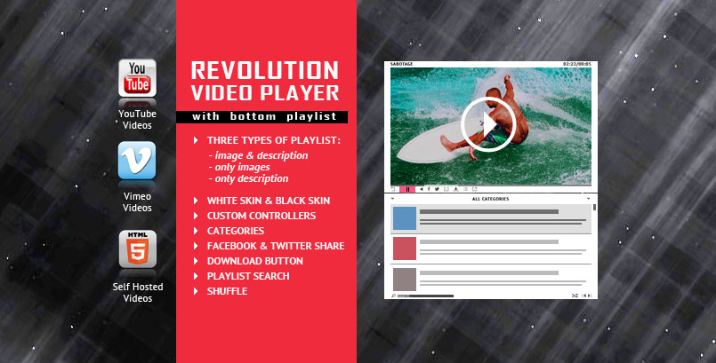 Revolution Bottom Playlist HTML5 Video Player jQuery Plugin